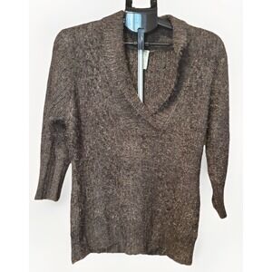 Womens L SOYBU Brown Wool Blend Shawl Neck Pullover Sweater 3/4 Sleeves Fuzzy